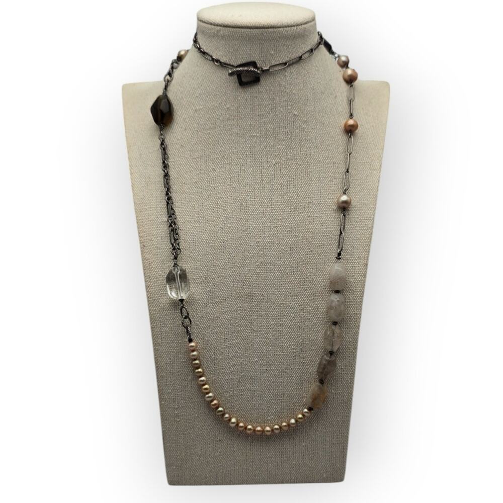 Silpada Long Mixed Gemstone & Pearl Sterling Silver Necklace Boho Layered